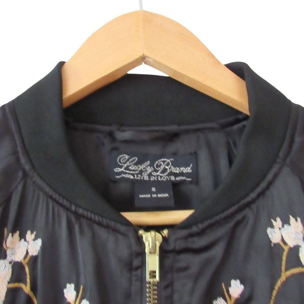 Lucky Brand Satin Bomber Jacket Small Black Embroidered Floral Bird Boho Pockets - Picture 3 of 10